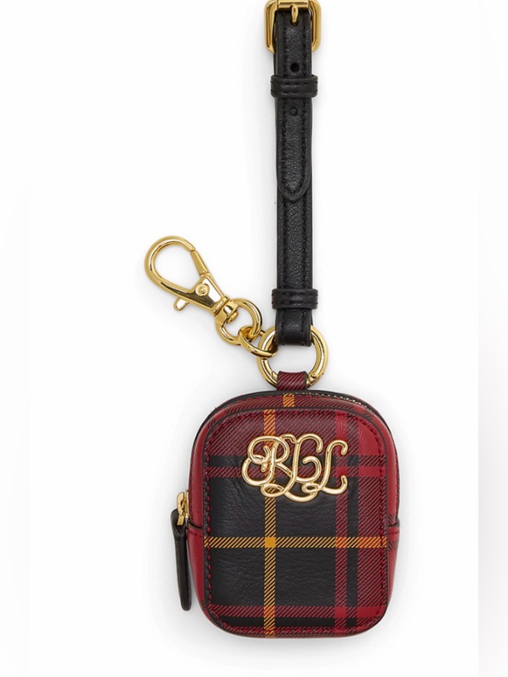Lauren Ralph Lauren Red and Black Plaid Mini Keychain Pouch with Gold Monogram
